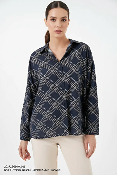 buğrahayalin Women's Oversize Patterned Viscose Navy Blue Shirt