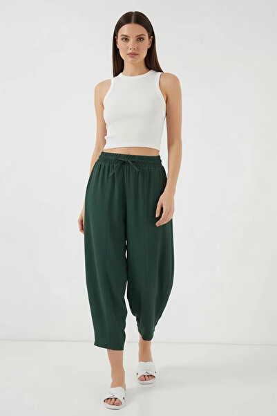 Efnaz style Women's High Waist Belted Linen Emerald Green Trousers