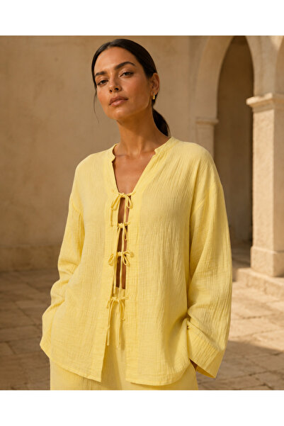 Kheten Aria V Yaka %100 Pamuk Müslin Kimono Bluz