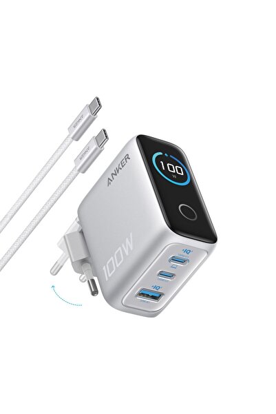 Anker 100W Şarj Cihazı, Kompakt, 3 Bağlantı Noktalı, GaN USB-C, Akıllı Ekran ...