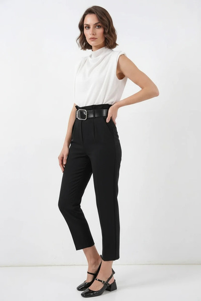 Generic Brand Women's High Waist Belted Black Trousers
