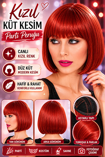 Tamsena Store Kızıl Renk Düz Kesim Astarlı Küt Parti Peruğu Kısa Model Sentet...