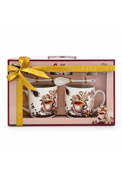 velve Top Bottom Set of 2 ceramic mugs with matching saucers and spoons, in a...