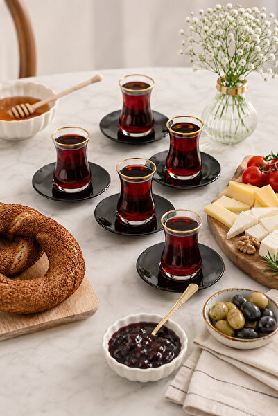 Sudedi Home 6 Kişilik Gold Yaldızlı Cam Çay Bardağı Takımı 12 Parça Siyah Por...