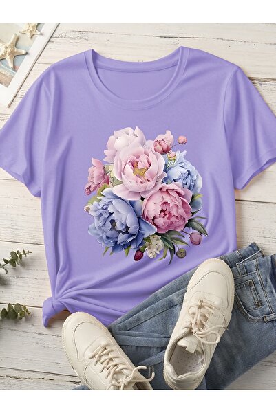mercoledi Tricou de damă cu imprimeu floral, cu decolteu rotund, croială normală
