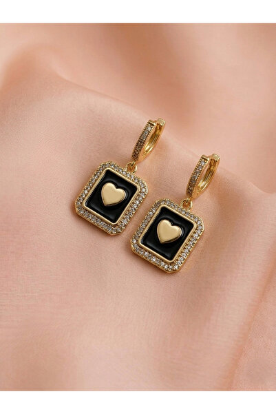 Mazzy Gold Black Stone Dangle Square Heart Steel Earrings