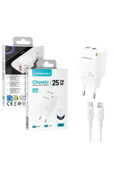 Other Apokin 25W 1xPD USB-C 1xQC3.0 USB Wall Charger with Lightning Cable Whi...