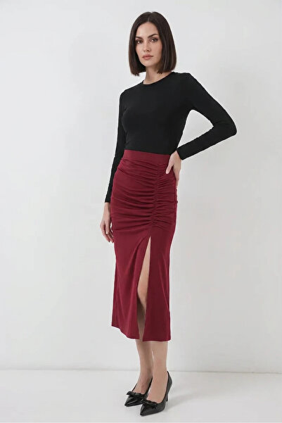 buğrahayalin Women's Gathered Slit Burgundy Skirt
