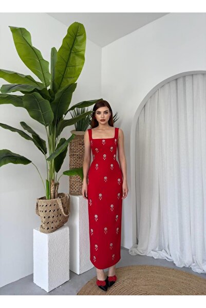 Caddebostan Moda Square Neckline Stone Detailed Midi Evening Dress