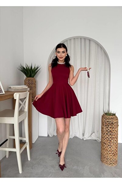 Caddebostan Moda Zero Sleeve Flared Skirt Mini Dress with Pocket Detail