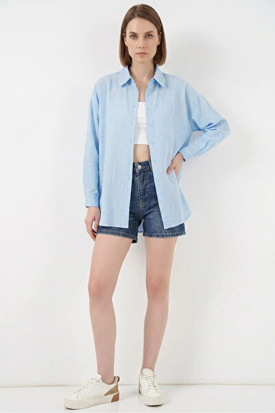 Generic Brand Women's Oversize Cut Cotton Blue Shirt
