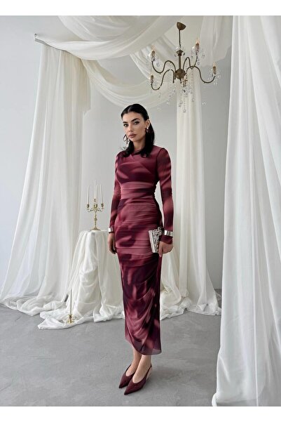 Caddebostan Moda Women's Long Sleeve Gathered Tulle Midi Dress Stylish Evenin...