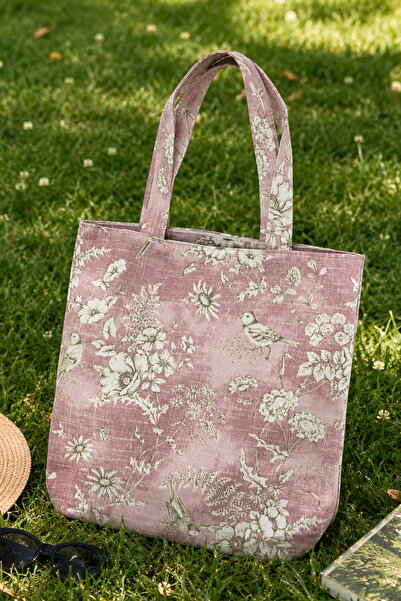 Elegancembroidery Pembe Çiçek Desenli Kadın Omuz Çantası Kumaş Tote Bag Günlü...