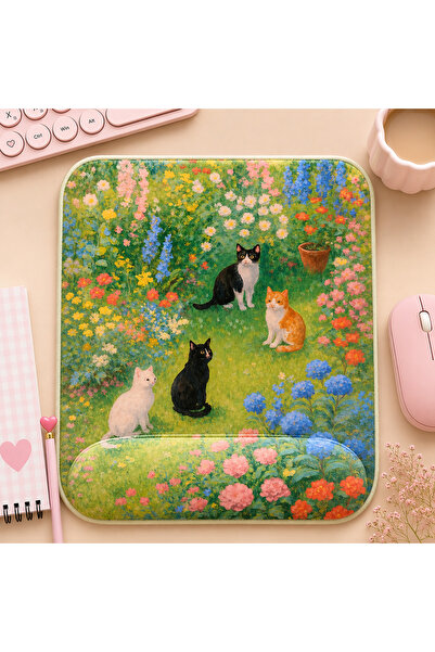 matizya Çiçek Bahçesi Kediler Kare Bilek Destekli Mousepad 19x23 cm Aesthetic...