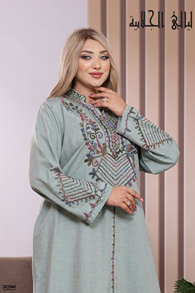 Lyaly aljlabyh Luxe Linen Jalabiya Mandarin Collar — Floral and Double Chevro...
