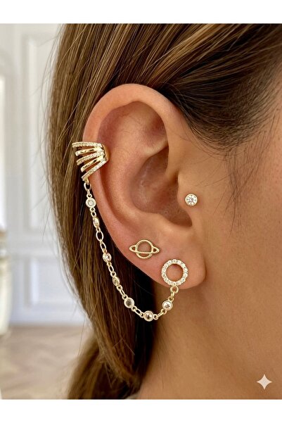 Çağla Accessories Zircon Stone Gold Steel Earring Set - Multiple Earring Set ...