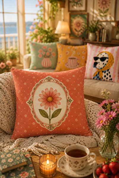 SasoHome Boho Vintage Çiçek Desenli Dekoratif Kırlent Kılıfı Pastel Floral Ta...