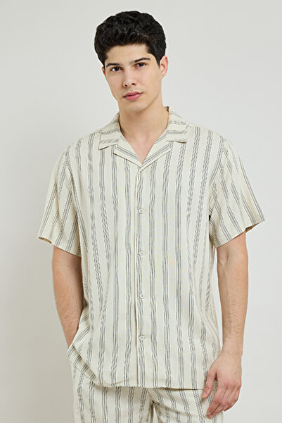 R&B Striped Shirt with Revere Collar and Short Sleeves