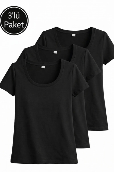 FHELIA Women's Ecru Cotton T-Shirt 3 Piece Set U Neck