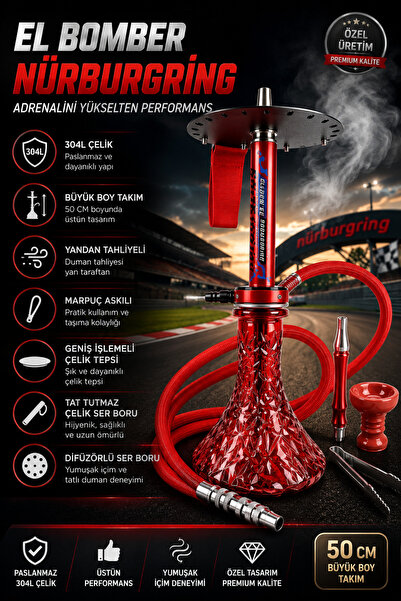 perfectmegastore El Bomber Nürburgring Nargile Takımı 50 cm Büyük Boy 304L Pa...