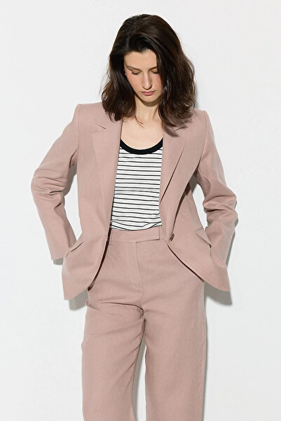 Gusto Tek Düğmeli Keten Blazer Ceket - Pudra