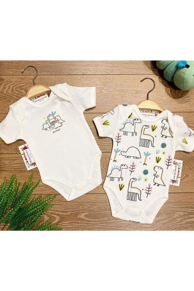 Renkli Puset 2-Piece Cotton Baby Short Sleeve Bodysuit Set Dinosaurs
