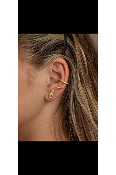 GB Sign Gold Yılan Figürlü Taşlı Kıkırdak Küpe Ear Cuff Kulak Saran