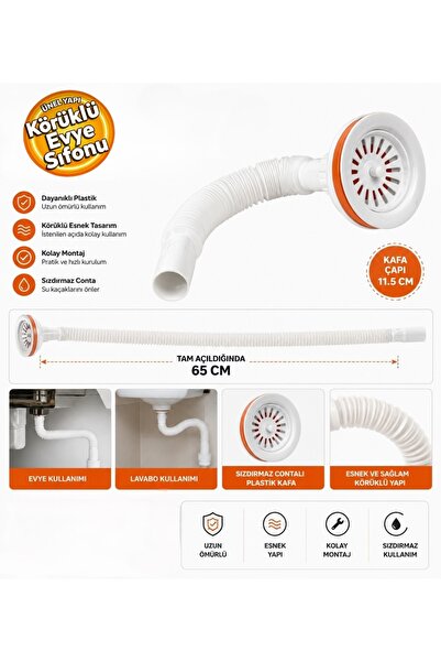 MUFFMATİK Muff Matik Körüklü Evye Lavabo Sifonu Gider Borusu Plastik Geniş Ka...