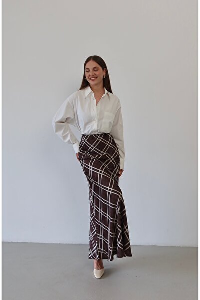 Myra Fashion Yüksek Bel Baklava Desenli Dökümlü Rahat Kesim Uzun Etek