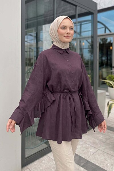 Salih Çelebi Volan Detailed Lace-Up Tunic Y0136 - Mürdüm