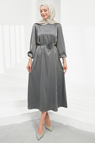 İmajButik Smoked Rose Belt Detailed Balloon Sleeve Satin Evening Dress