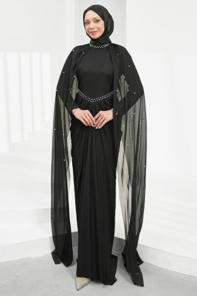 İmajButik Black Shoulder Cape Pearl Evening Dress