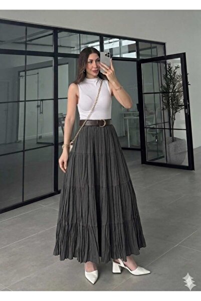 QUAWEAR Layered Tencel Crinkle Skirt with Elastic Waistband