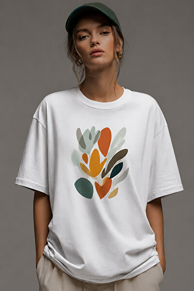 ArtYus Abstract Leaf Pattern Printed Unisex Oversize T-Shirt – Cotton Crew Ne...