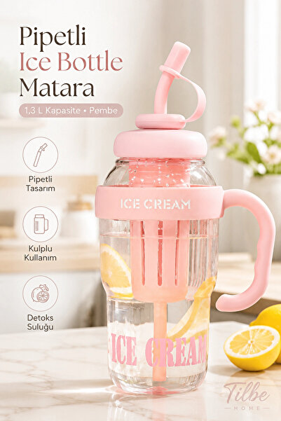 Tilbe Home Ice Bottle Pipetli Matara 1.3 L Suluk Detoks Suluğu Lüks Tasarım T...