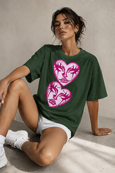 ArtYus Tricou oversize unisex cu imprimeu cu siluetă de inimă roz – Tricou ca...