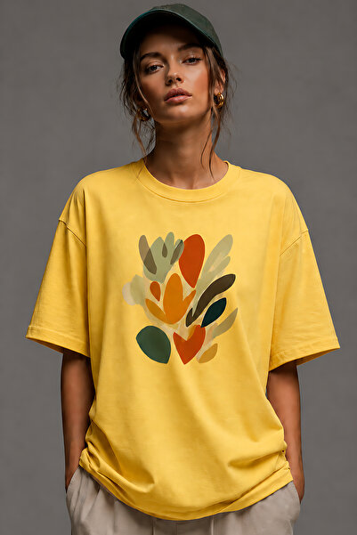 ArtYus Tricou oversize unisex cu imprimeu cu model de frunze abstracte – Tric...