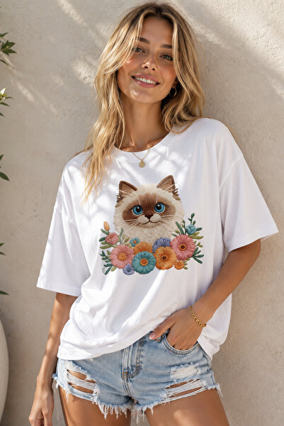 ArtYus Floral Cute Cat Printed Unisex Oversize T-Shirt – Cotton Crew Neck Cas...