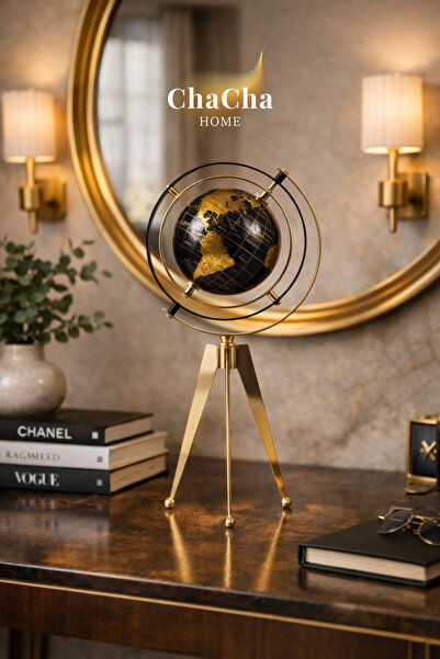 ChaCha Home Gold Tripot Ayaklı Dünya Küresi – Siyah & Gold Dekoratif Masa Aks...