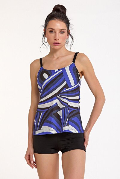 Argento Kadın Desenli Şortlu Tankini Mayo Siyah Askılı Rahat Kalıp C1T1N033600