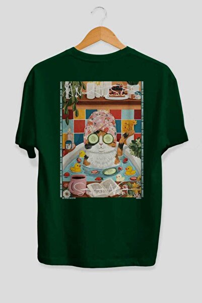 Ankhises For the Love of Cats 57 Cats Printed Green Oversize T-Shirt 100% Cot...