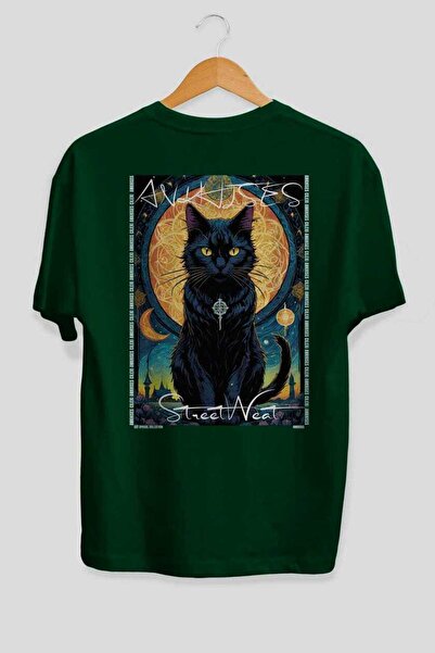 Ankhises For the Love of Cats 12 Cats Printed Green Oversize T-Shirt 100% Cot...