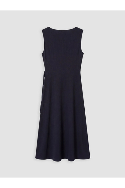 LC Waikiki Navy Blue Crew Neck Gathered Dress with Waist Tie