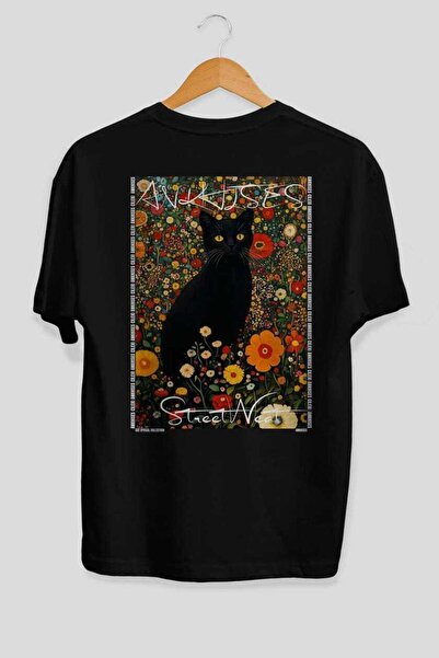 Ankhises 80 Cats for the Sake of Cats Printed Black Oversize T-Shirt 100% Cot...