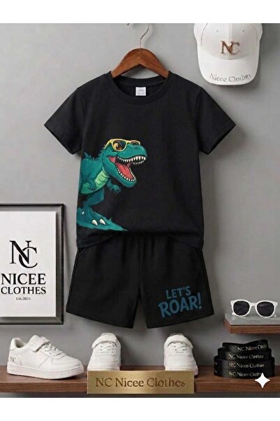 NC Nicee Clothes Summer Children's T-Shirt Shorts Unisex (Side Dinosaur Print)