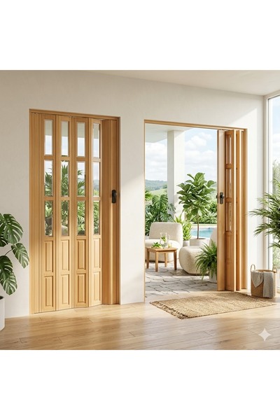 KÜSKÜ Katlanır Akordiyon Kapı PVC Camlı Kayın 86x203 cm İç Mekan Kapısı