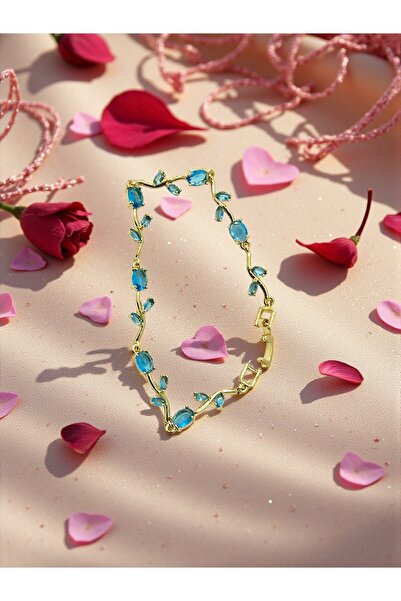 ahsenaksesuar2025 Gold Color Aqua Blue Zircon Stone Ivy Leaf Design Steel Bra...