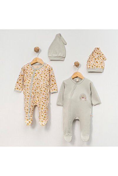 pufien Floral Patterned 2-Piece Jumpsuit Set, with Snap Fasteners and Hat, Çağla