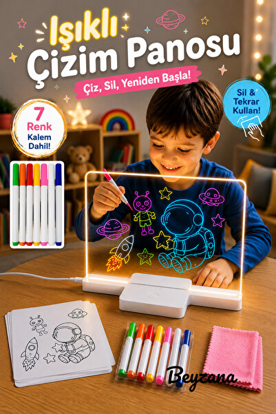 BEYZANA Büyük Boy 20 x 30 Cm Işıklı LED Yazı Çizim ve Boyama Tahtası Stant ve...