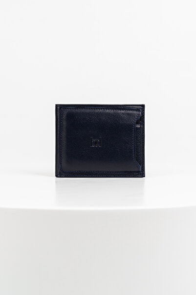 BAYDERİ Porte Extra Card Holder Genuine Leather Men's Wallet Navy Blue